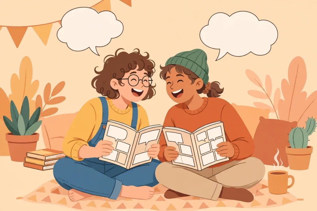 Two readers sitting together reading illustrated books